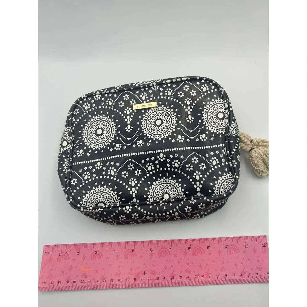 Sophia Joy Black White Mandala Double Zip Cosmetic Bag Teal Interior Tassel